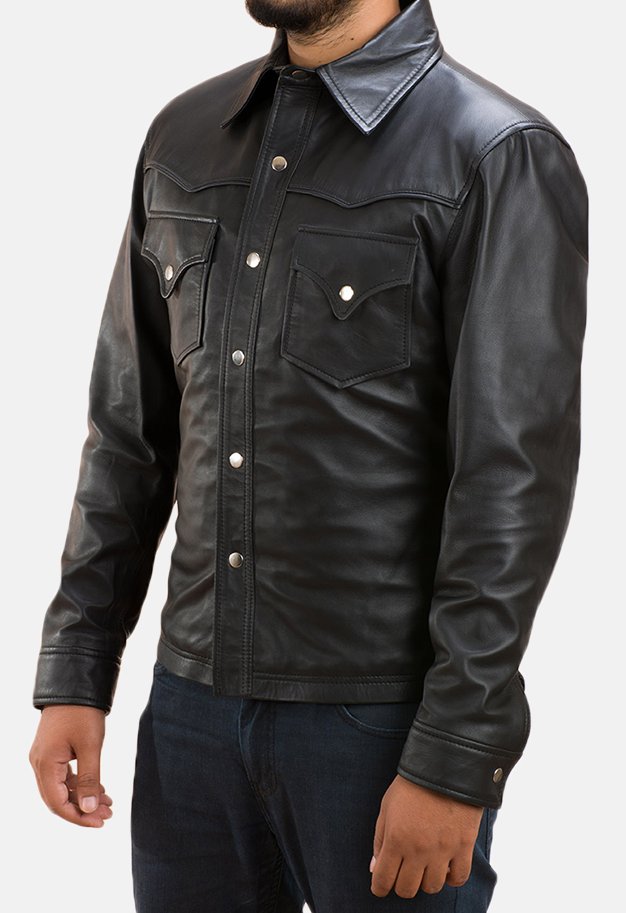 Mens Ranchson Black Leather Shirt 3-1491324162713